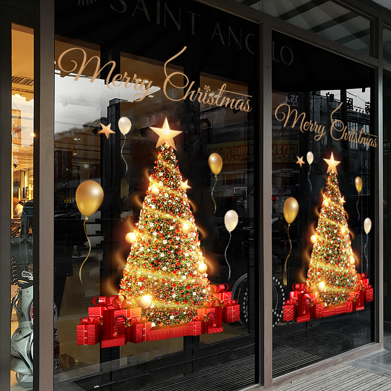 商场珠宝店铺橱窗装饰贴静电贴圣诞节节日圣诞树氛围布置贴画贴纸