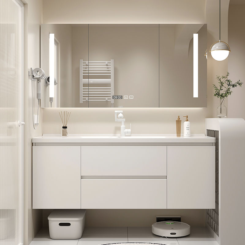 。现代智能奶油风浴室柜组合肤感陶瓷一体洗手台盆卫生间洗漱洗脸