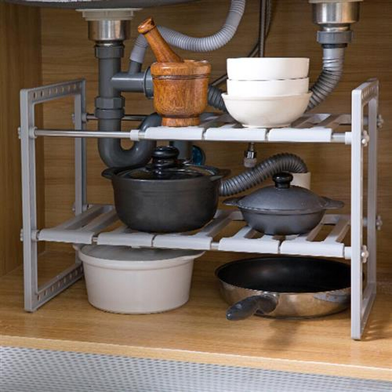 日式厨房水槽置物架下水道多层锅架不锈钢可伸缩洗手盆台下收纳架