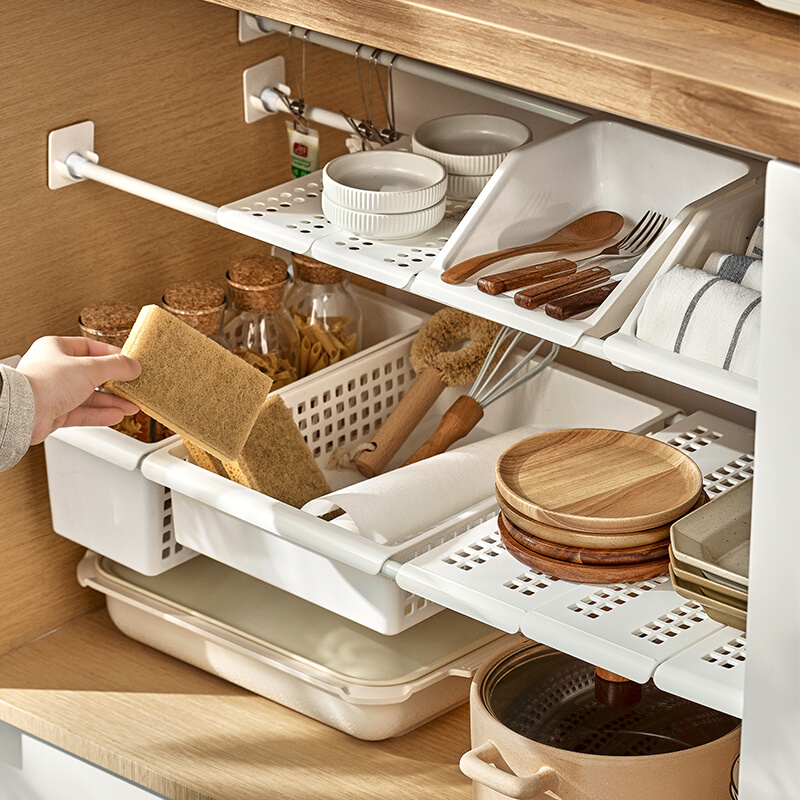 厨房橱柜可伸缩收纳架免打孔下水槽碗筷置物架神器收纳篮分层隔板