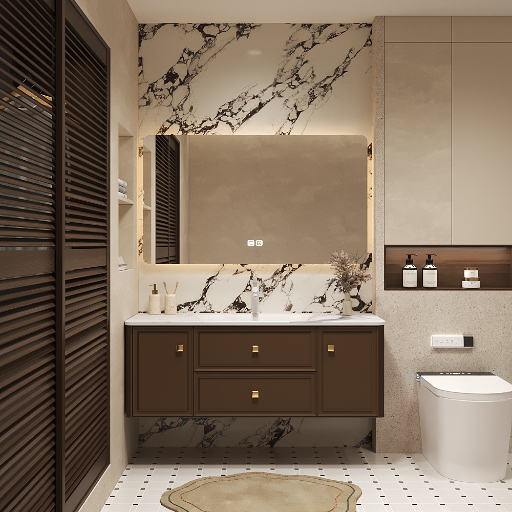 新客减新款法式岩板热弯陶瓷一体盆浴室柜组合橡木卫生间洗漱台洗