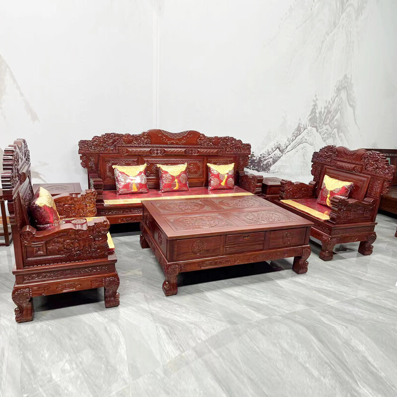 北方老榆木实木特大款沙发客厅别墅红木中式沙发霸气组合6件套