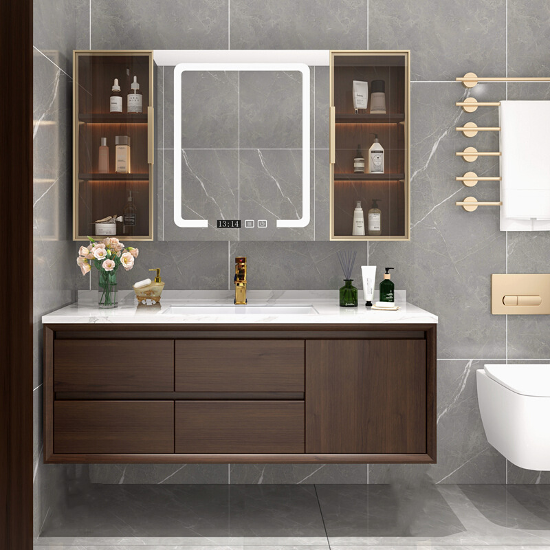 网红 浴室柜组合新中式橡木实木一体陶瓷盆卫生间洗脸洗手盆柜卫