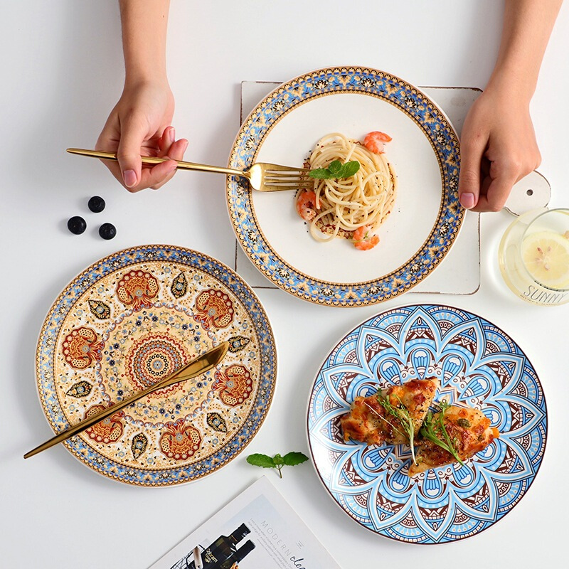 网红陶瓷盘子波西米亚风盘子餐具浅盘装饰盘摩洛哥花纹民族风平盘