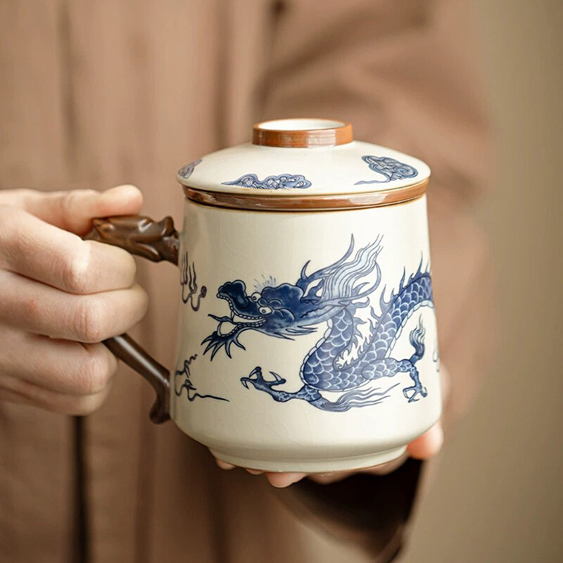 盛芊堂汝窑青花祥龙茶水分离办公杯中式仿古个人专用泡茶杯茶叶罐