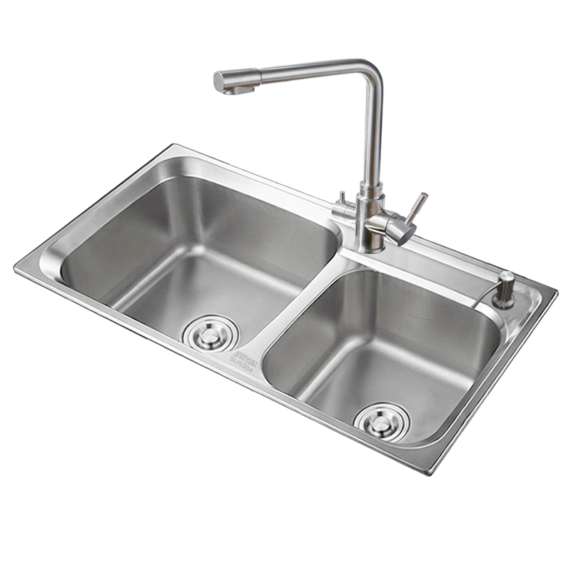 急速发货小户型厨房洗碗池双槽洗菜盆304不锈钢一体加厚水槽净水