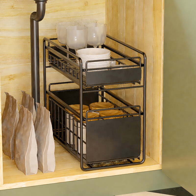 下水槽橱柜碗碟置物架抽屉抽拉式滑轨分隔分层收纳架碗盘厨房拉篮