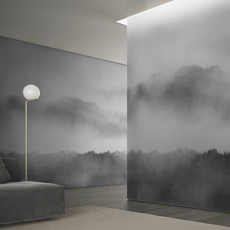 新中式简约山水禅意风景定制壁画水墨晕染渐变色墙纸卧室床头墙布
