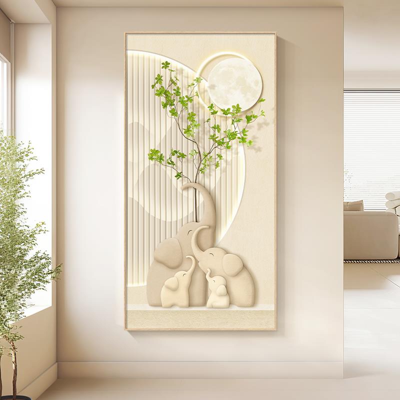 奶油风玄关装饰画大象绿植客厅走廊过道挂画现代简约高档入户壁画