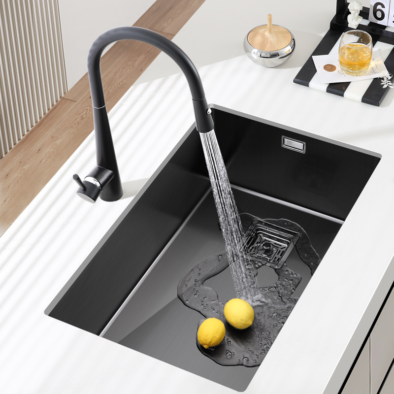 黑色纳米手工水槽304不锈钢大号单槽家用厨房台下洗菜盆左侧下水