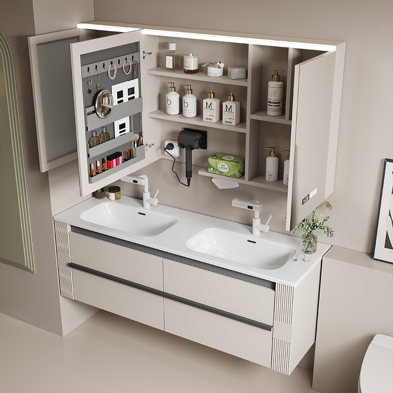 定制橡木浴室柜岩板热弯陶瓷一体现代卫生间双盆洗脸洗手盆柜组合