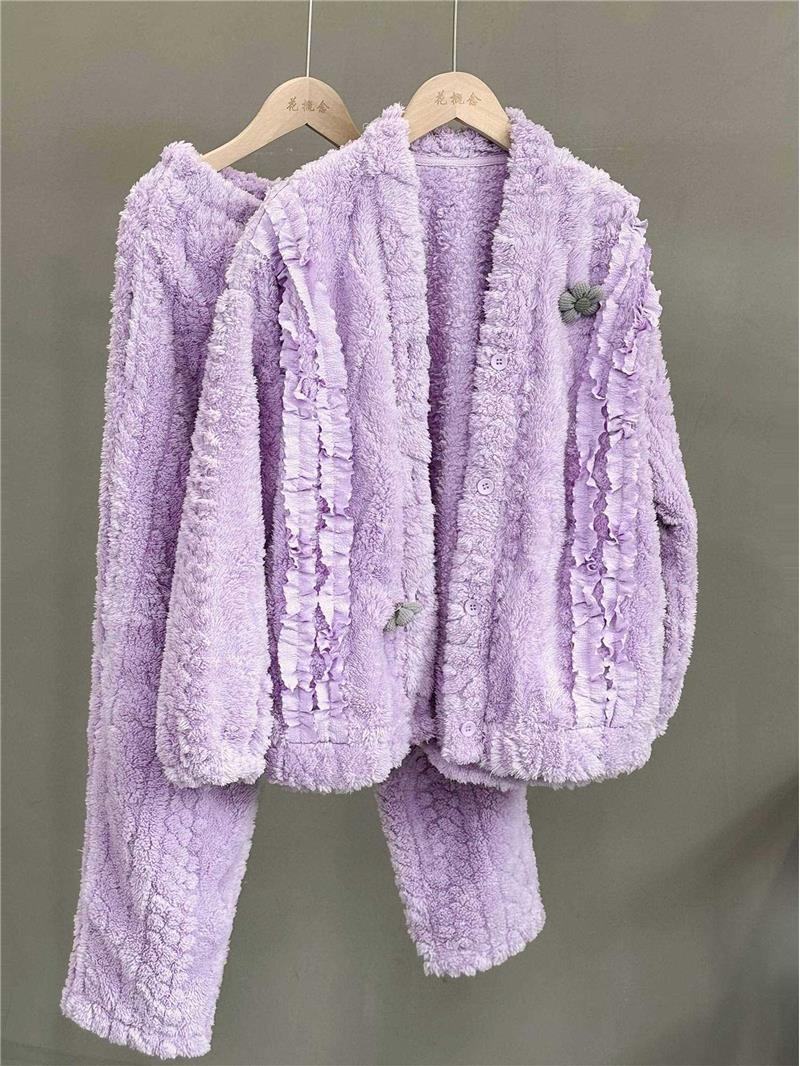 花概念冬季居家休闲洋气睡衣套装女宽松保暖文艺时尚毛绒两件套