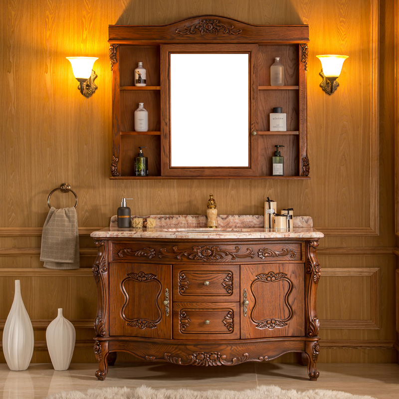 实木欧式浴室柜红橡木卫浴柜卫生间洗手台洗脸盆镜柜组合定制美式