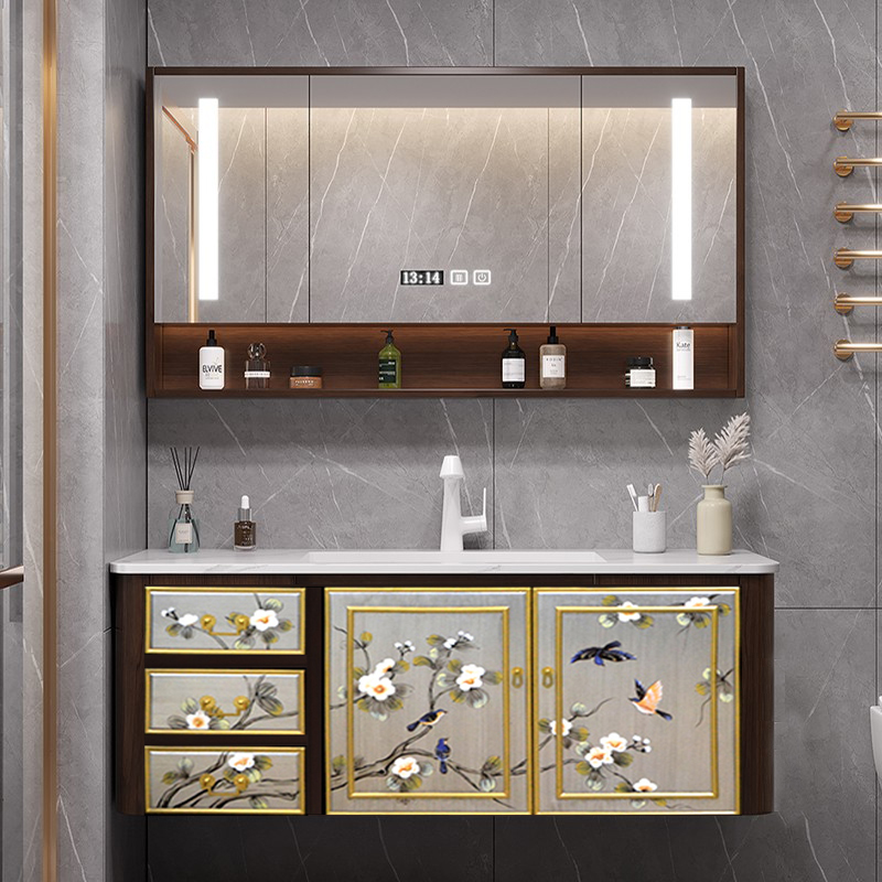 新客减新中式浴室柜组合圆角吊柜岩板陶瓷无缝一体盆洗手池卫生间