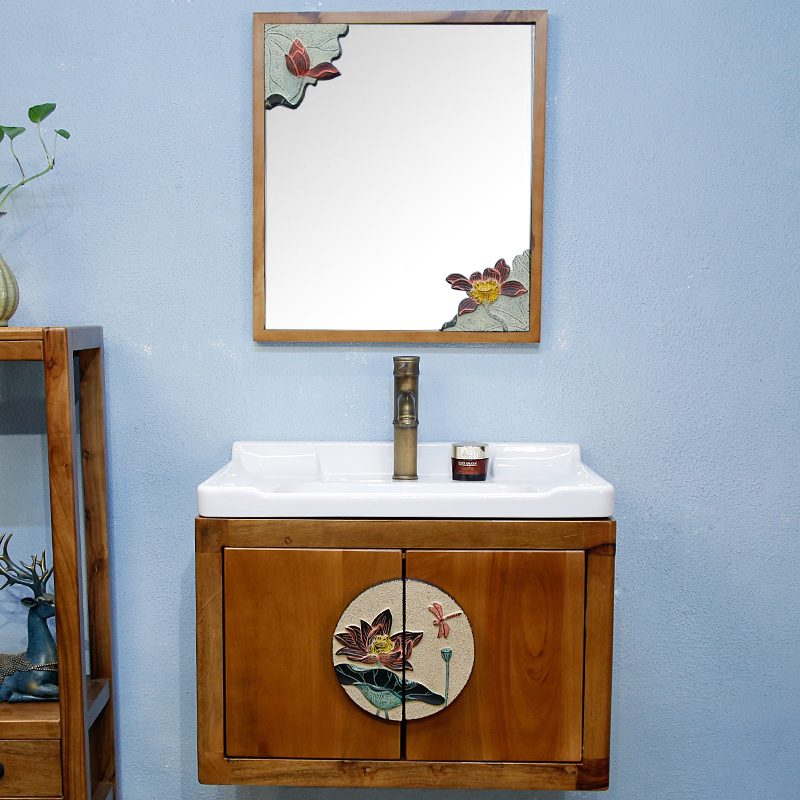 现代中式实木卫生间洗脸盆柜组合挂式浴室柜陶瓷盆洗手池吊柜套装
