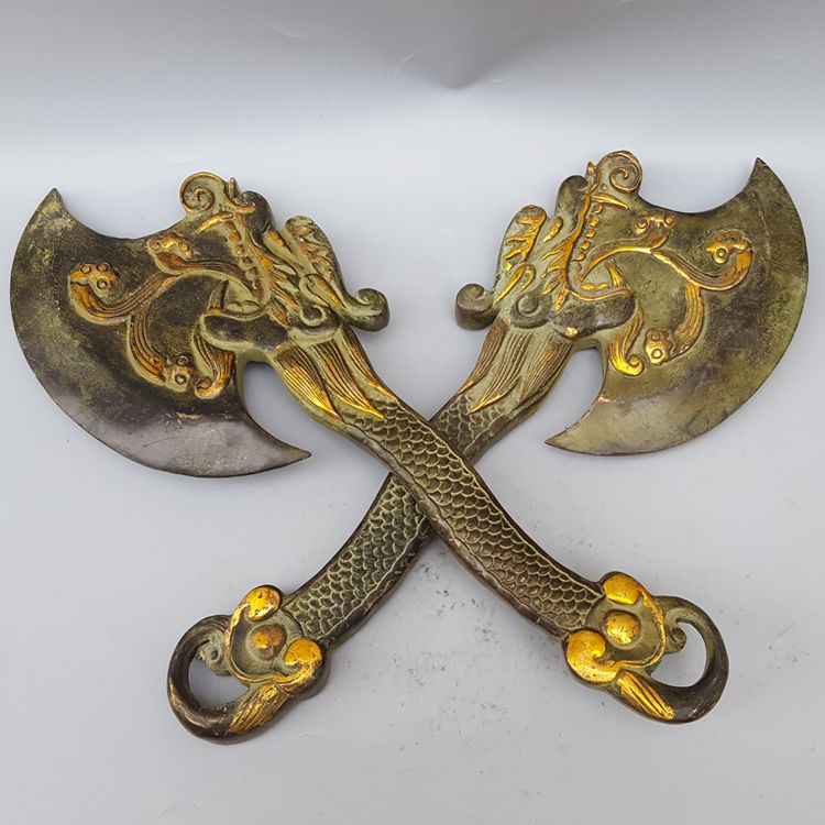 热卖纯铜龙头斧子一对金属工艺品 居家铜器摆件 黄铜斧子