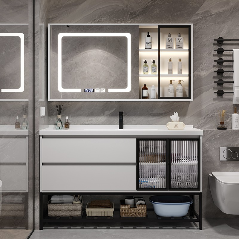 现代轻奢实木陶瓷一体盆浴室柜组合卫生间洗漱台洗手洗脸盆柜套装