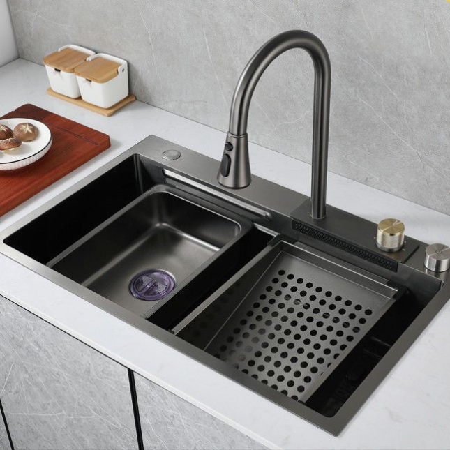 新款枪灰色厨房水槽304不锈钢飞雨一体大单槽洗碗槽台下盆洗菜盆