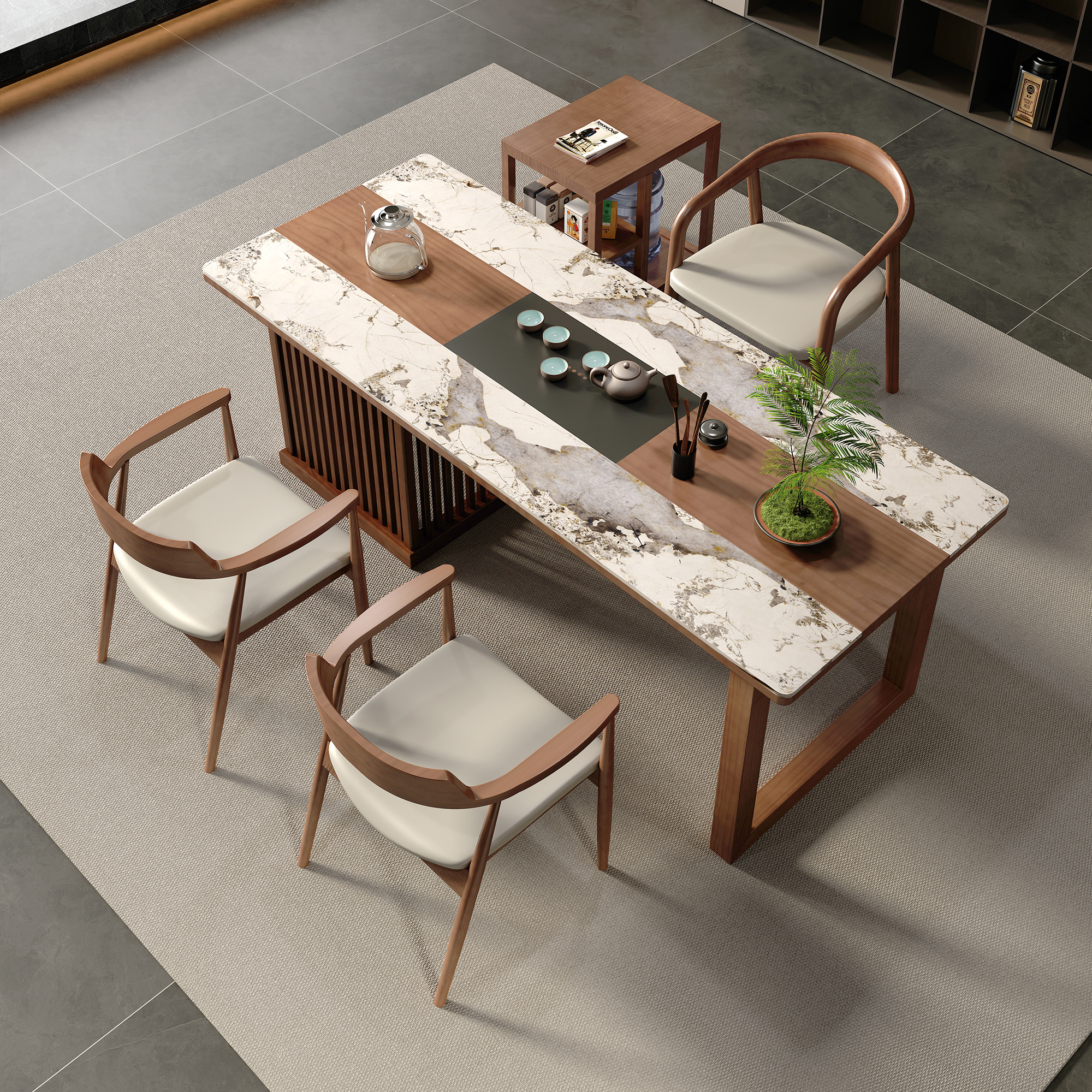 威来亚中式阳台实木轻奢岩板小型实木茶台家用简约泡茶桌椅组合