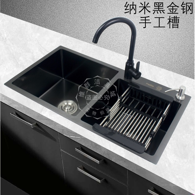 厨房双槽不锈钢水池套餐水槽带龙头手工洗碗池洗菜盆黑色单槽加厚