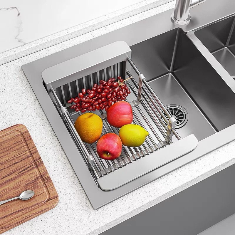 厨房神器水槽置物架沥水架不锈钢蔬菜水果沥水篮家用加厚款可伸缩