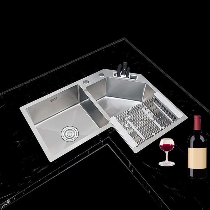 德国手工水槽加厚不锈钢转角拐角异形厨房单双水池L型洗碗洗菜盆