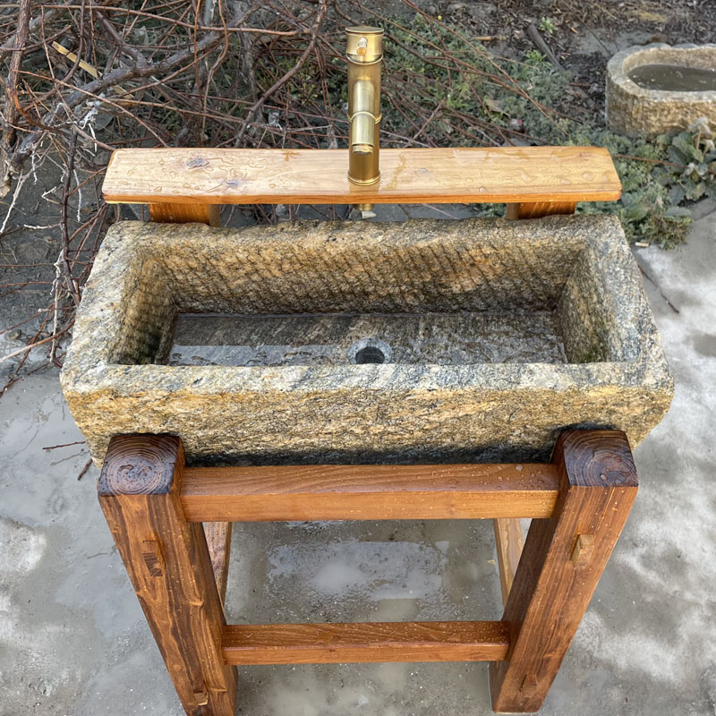 天然老石槽洗手盆户外庭院老榆木中式石头洗脸盆柜木架石磨洗手池