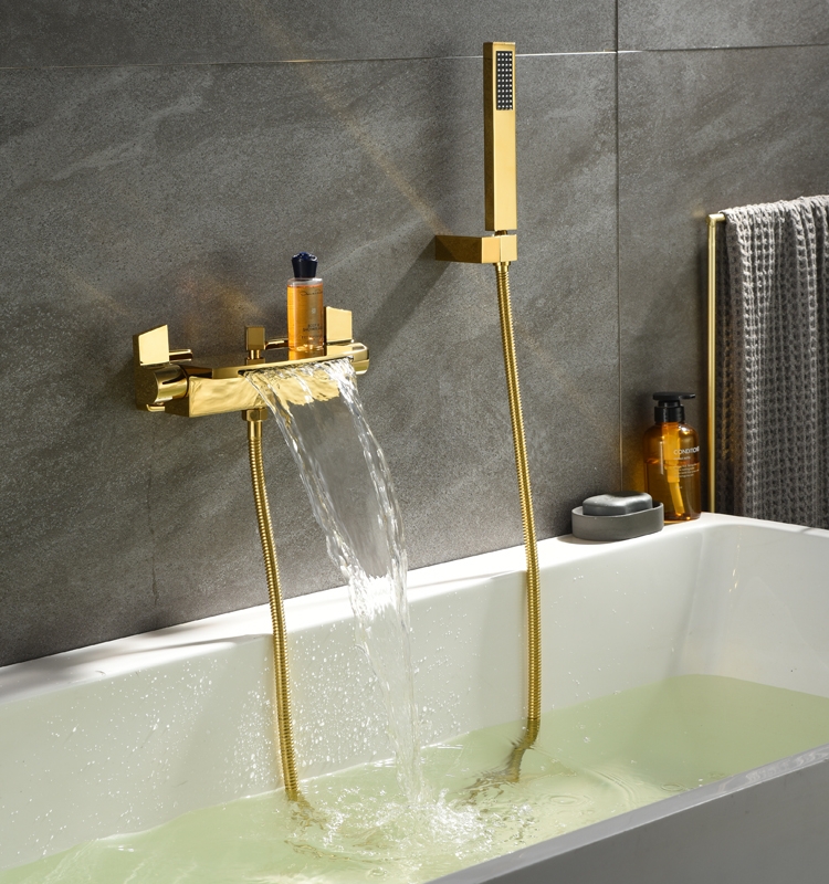 全铜金色浴缸龙头冷热水简易挂墙式混水阀明装淋浴花洒瀑布水龙头
