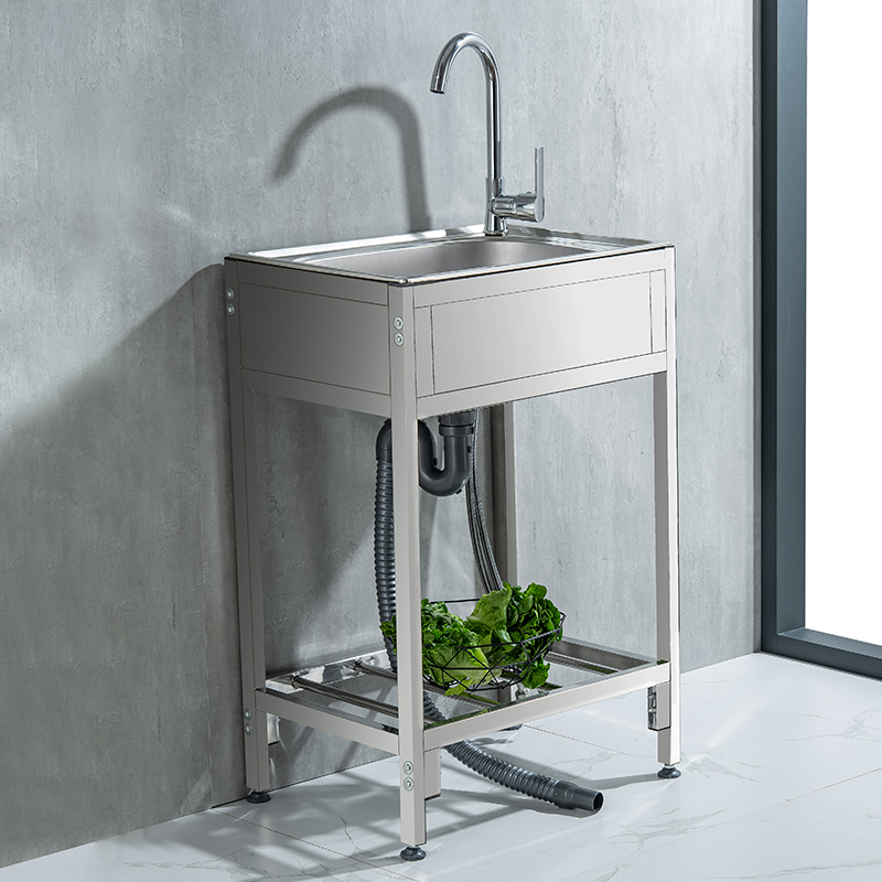 新款厨房不锈钢简易水槽洗菜盆单槽带支架挡板落地式厨房洗碗槽洗