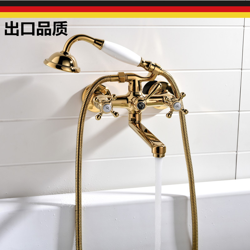 出口德国加长全铜冷热浴缸龙头挂墙式淋浴花洒金色欧式缸边水龙头