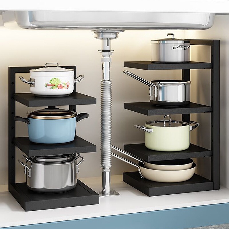 厨房锅具收纳架多层可调节家用放锅架台面下水槽橱柜内分层置物架