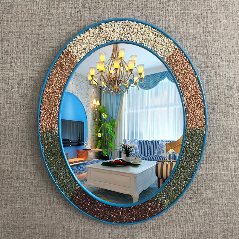 地中海风格创意椭圆壁挂镜子卫生间装饰浴室镜彩色石子洗手间艺术