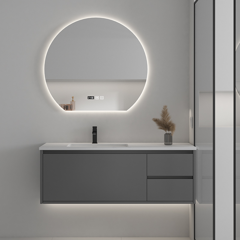 现代轻奢浴室柜组合卫生间圆镜简约灰色实木柜岩板洗手面盆洗漱台