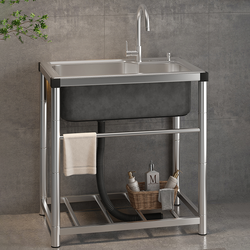 厨房304不锈钢洗菜盆家用水槽大单槽带支架一体洗碗槽商用水池