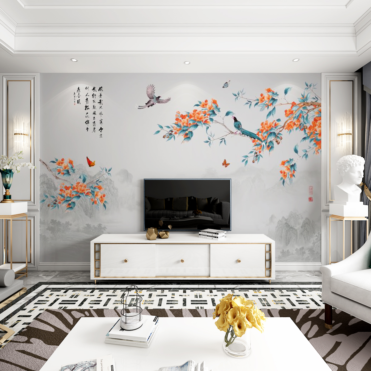 2023年新款电视背景墙壁纸现代中式花鸟壁画客厅卧室装饰墙布壁画