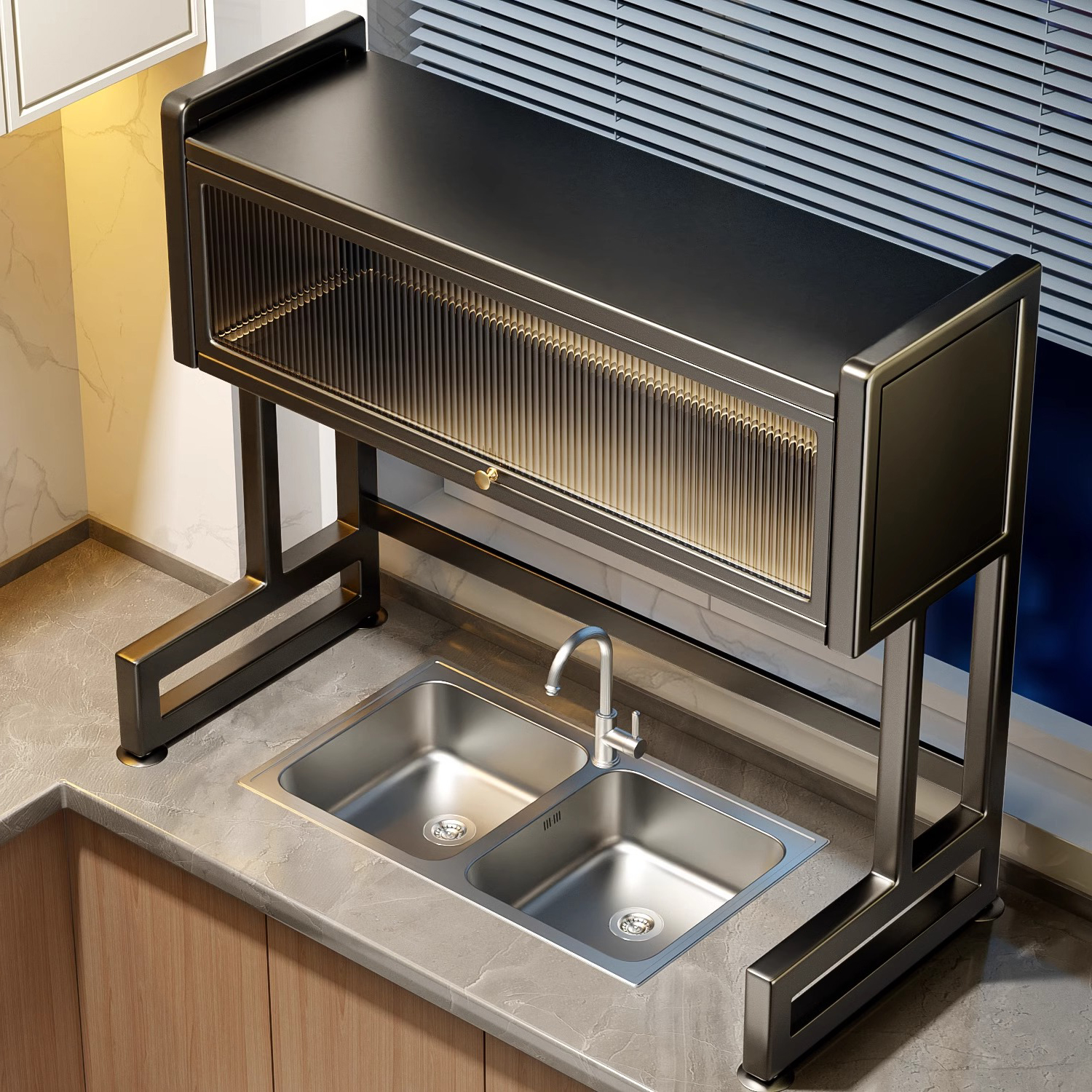 多功能沥水架台厨房调料罐杂物水槽上置物架台面碗盘带柜门收纳架