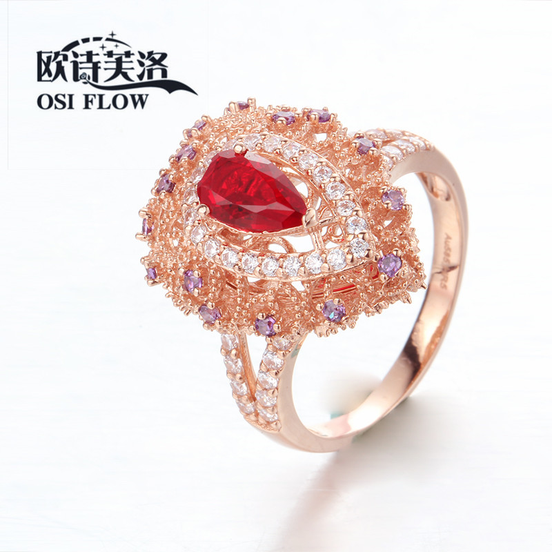 欧诗芙洛正品纯14K金俄罗斯585紫金戒指女彩金玫瑰金时尚高贵宝石