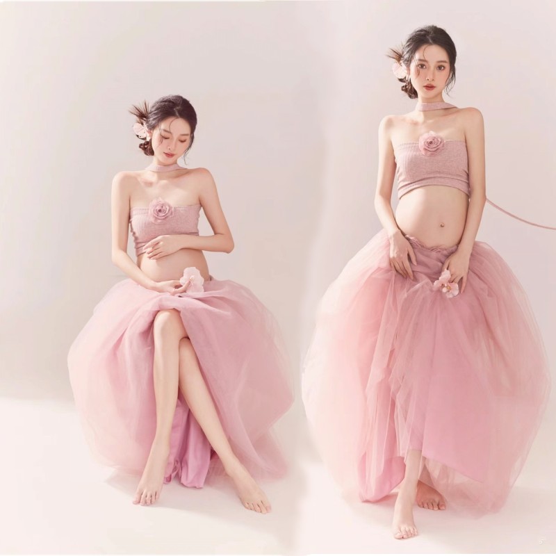 新款孕妇拍照服装唯美风小清新粉色两件套孕妈咪大肚子照摄影衣服