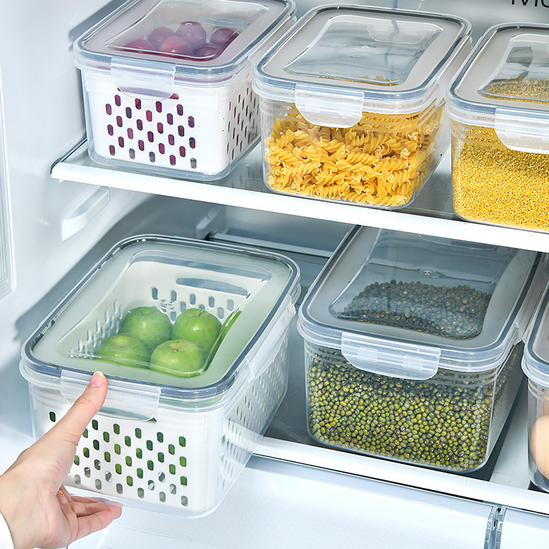 塑料保鲜盒三件套装可微波食物收纳盒厨房冰箱专用果蔬沥水保鲜盒