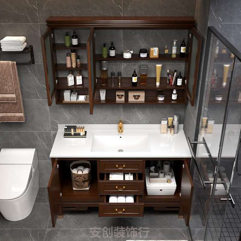 新一体中式实木组合卫生间落地]洗脸盆洗漱洗手岩板陶瓷台浴室柜