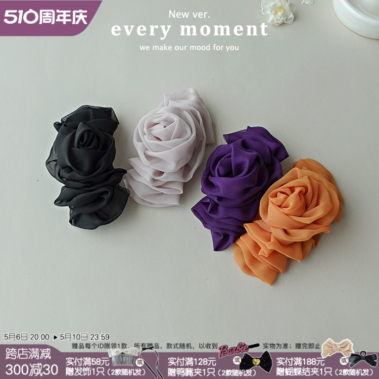 韩国代购新款温柔雪纺玫瑰花弹簧夹半发夹女黑色花朵大号发夹发饰