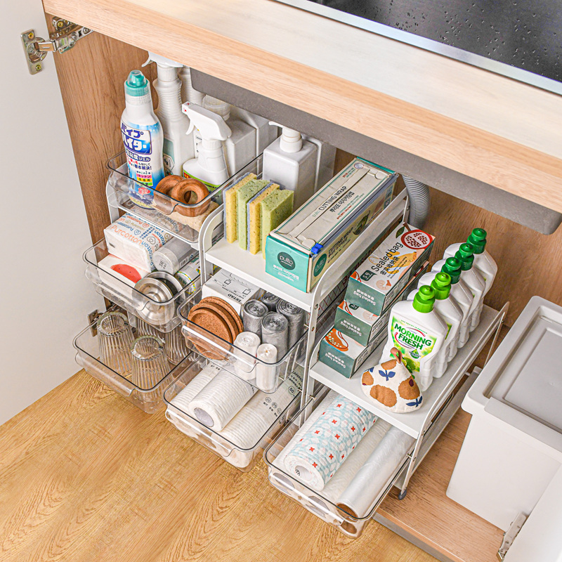 厨房水槽下抽拉式置物架洗手台下餐边柜抽屉架橱柜内置分层收纳盒