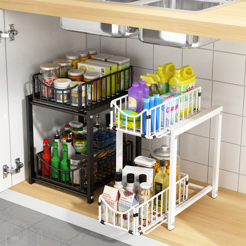 厨房下水槽置物架橱柜分层架台下伸缩推拉调料架子卫生间用品收纳