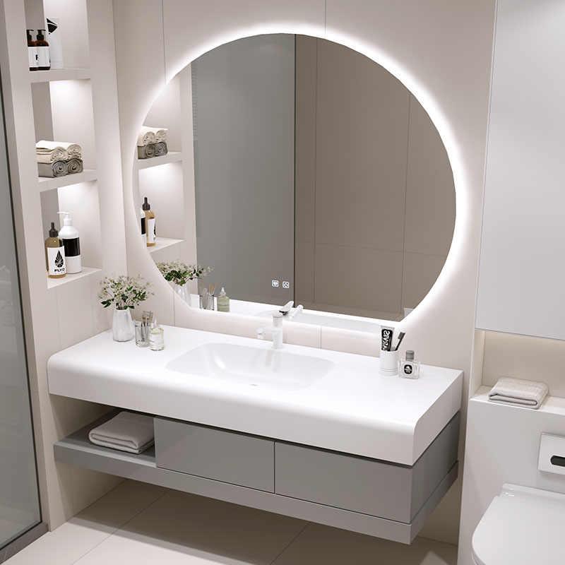 奶油风圆弧可丽耐一体盆浴室柜组合智能卫生间洗漱台洗手洗脸盆柜