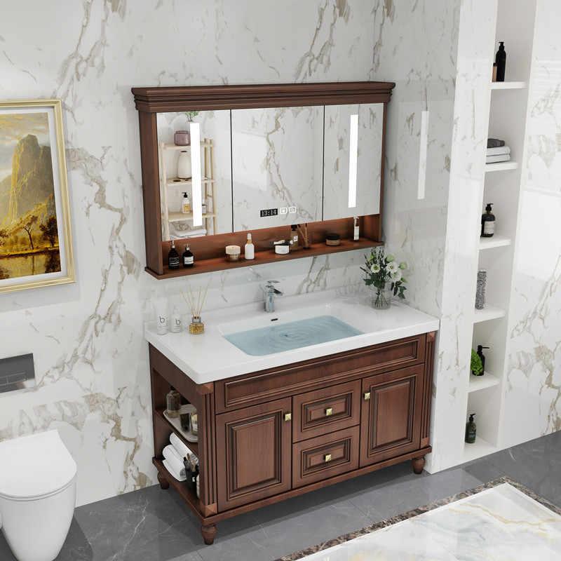 美式橡木浴室柜陶瓷一体盆落地洗脸盆新中式实木卫生间智能洗漱台