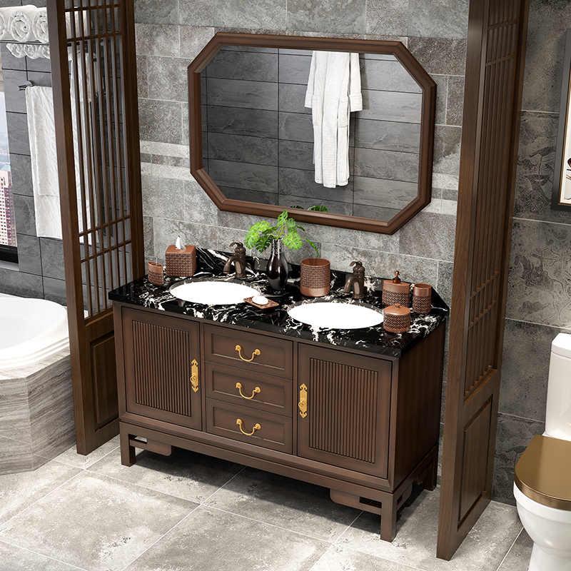 新中式橡木浴室柜组合实木卫浴柜落地岩板大理石洗漱洗脸盆柜组合