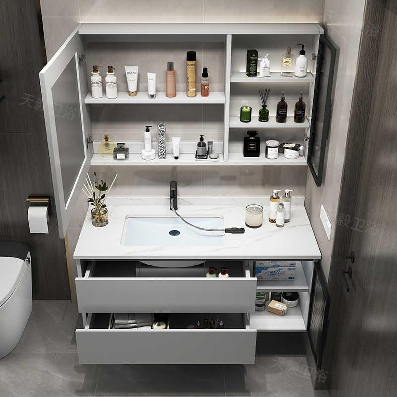 智能轻奢岩板一体浴室柜组合现代卫生间实木洗漱洗手洗脸台盆收纳