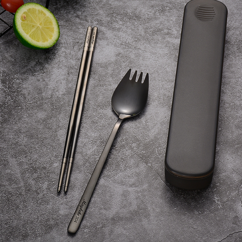 筷子勺子套装 304不锈钢便携餐具沙拉叉吃面学生三件套单人收纳盒
