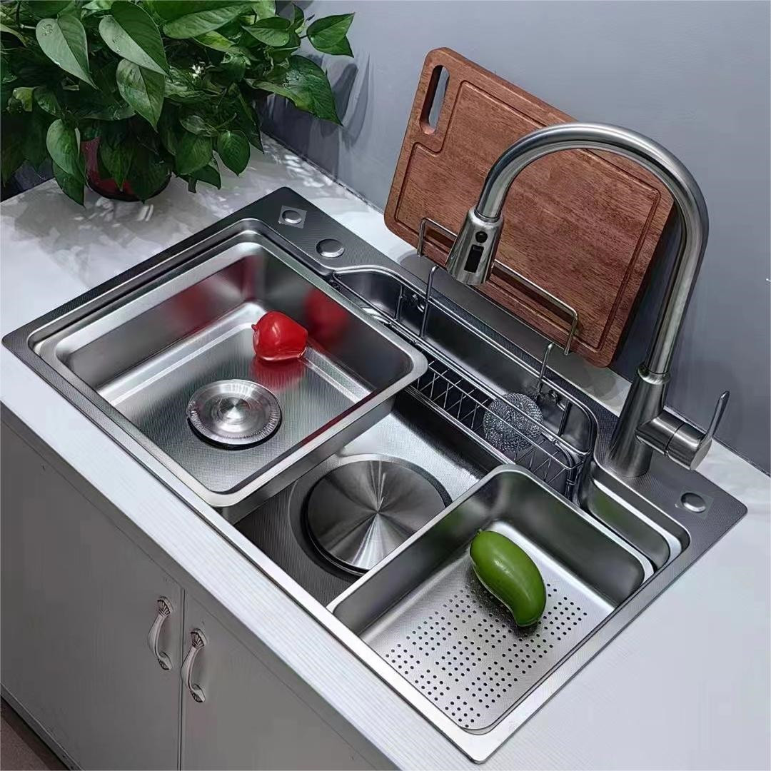 枪灰色压纹厨房304不锈钢洗碗槽盆家用洗菜池日式水槽一体拉伸盆