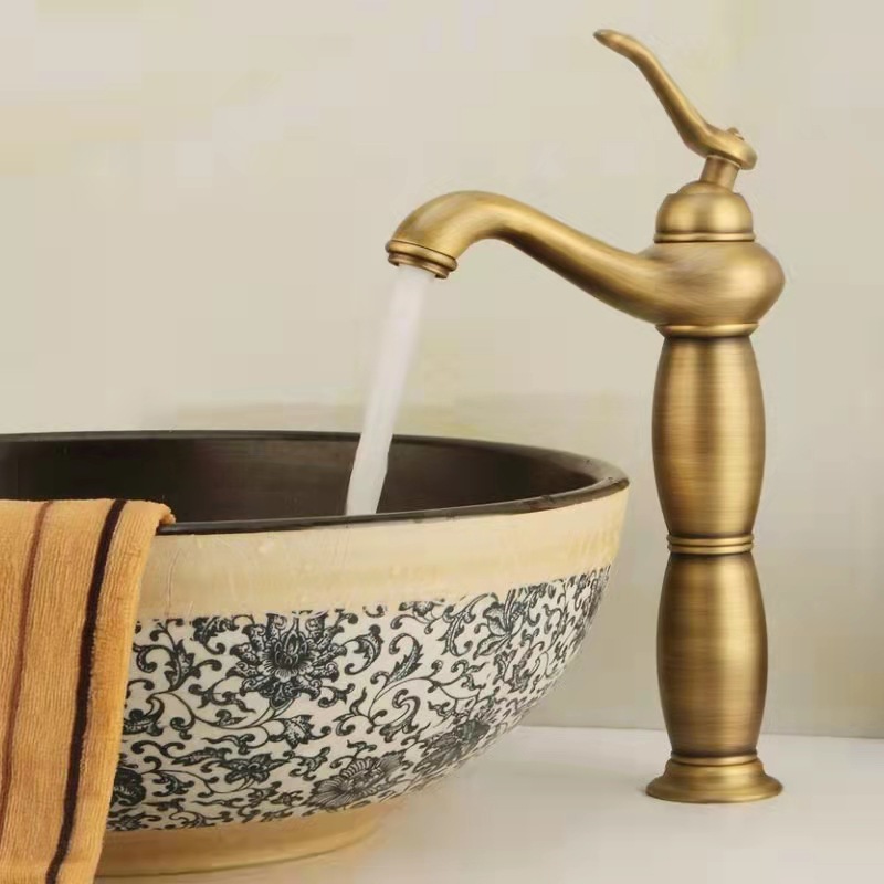 仿古铜金色欧式艺术盆面盆水槽浴室柜高弯转动加高单孔冷热水龙头